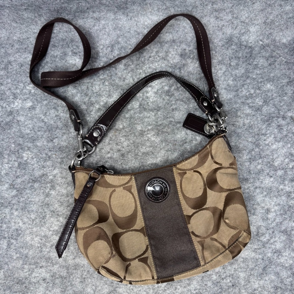 Coach F19218 Signature Stripe Demi Handbag Brown Crossbody strap Small